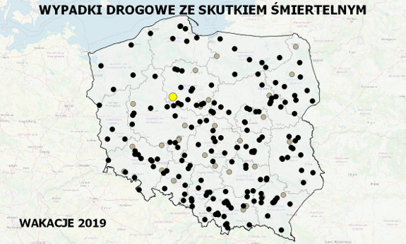 zdjęcie kolorowe przedstawiające mapę Polski z zaznaczonymi miejscami wypadków