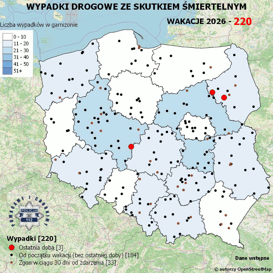 Mapa prezentująca liczbę wypadków poprzedniej doby w Polsce. Prezentowane dane są dostępne w tekście poniżej.