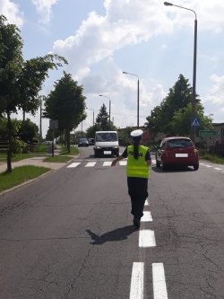 Zdjęcie w kolorze - policjantka zatrzymuje do kontroli drogowej busa.