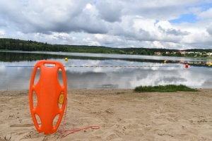 Widok na plażę i jezioro.