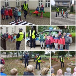 Zdjęcia w kolorze ujęte w kolażu, na którym  widać policjantów prowadzących pogadanki z dziećmi klas pierwszych szkół podstawowych oraz uczących ich prawidłowego przechodzenia przez przejście dla pieszych