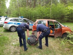 Zdjęcie kolorowe. Policjanci zatrzymują nietrzeźwego kierującego