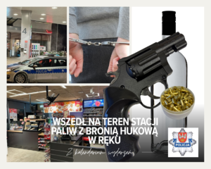 Kolaż zdjęć przedstawia oznakowany radiowóz policyjny stojący przed budynkiem Stacji Paliw , linię kas Stacji Paliw, dłonie osoby zatrzymanej z zastosowanym środkiem przymusu bezpośredniego w postaci kajdanek , pustą butelkę po alkoholu oraz broń hukową, którą posiadał przy sobie mężczyzna