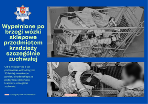 Plakat w poziomie zawierający dwa zdjęcia przedstawiające wózek sklepowy wypełniony artykułami sklepowymi, który służył osobie zatrzymanej w dokonaniu kradzieży szczególnie zuchwałej na terenie jednego ze sklepów dyskontowych