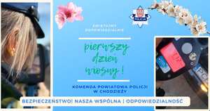 Ilustracja przedstawiająca pierwszy dzień wiosny, na której widać policjanta Wydziału Ruchu Drogowego dokonującego pomiaru prędkości