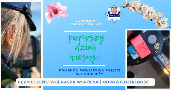 Ilustracja przedstawiająca pierwszy dzień wiosny, na której widać policjanta Wydziału Ruchu Drogowego dokonującego pomiaru prędkości