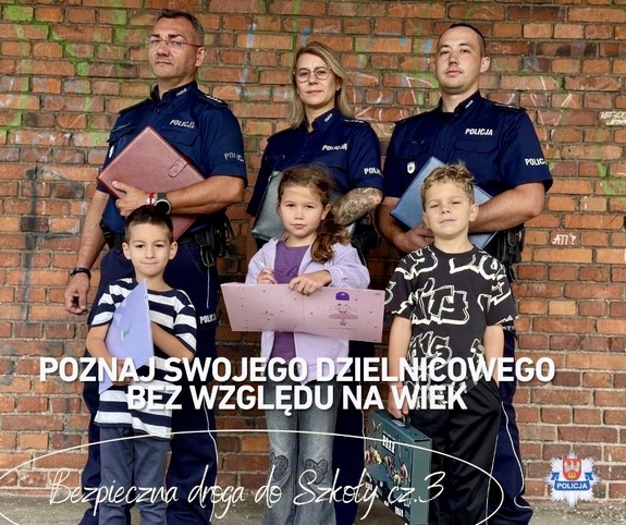 Plakat -Bezpieczna droga do szkoły cz. 3. Poznaj swojego dzielnicowego – bez względu na wiek