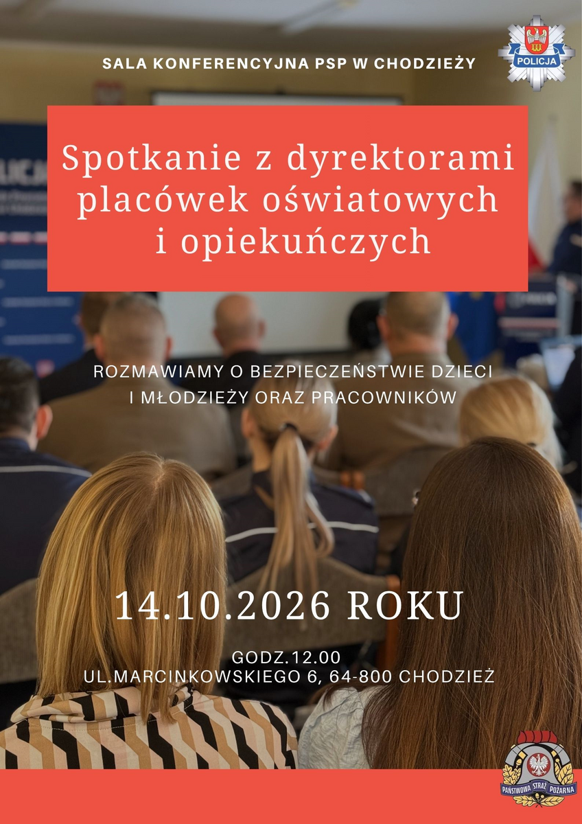 Plakat informujący o spotkaniu z dyrektorami szkół i przedszkoli